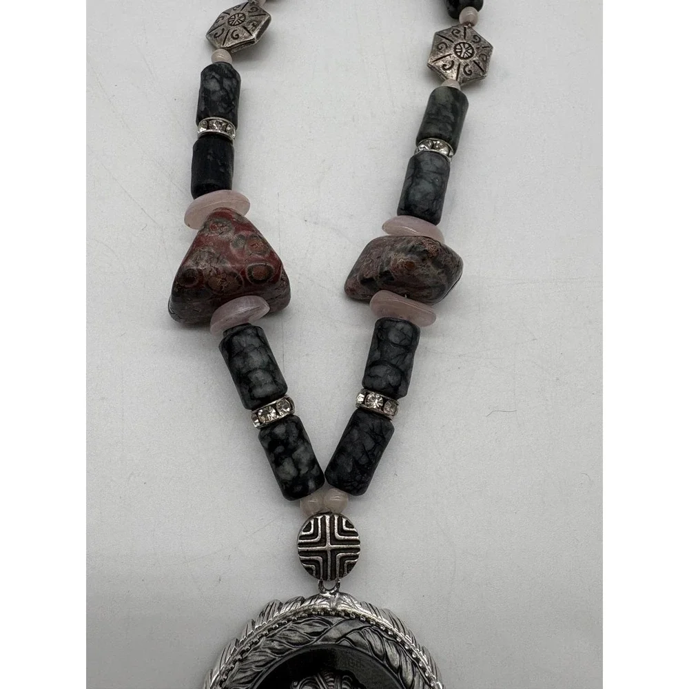 Vintage‎ Beaded Long Cameo Pendant Necklace Mixed Natural Stone Statement